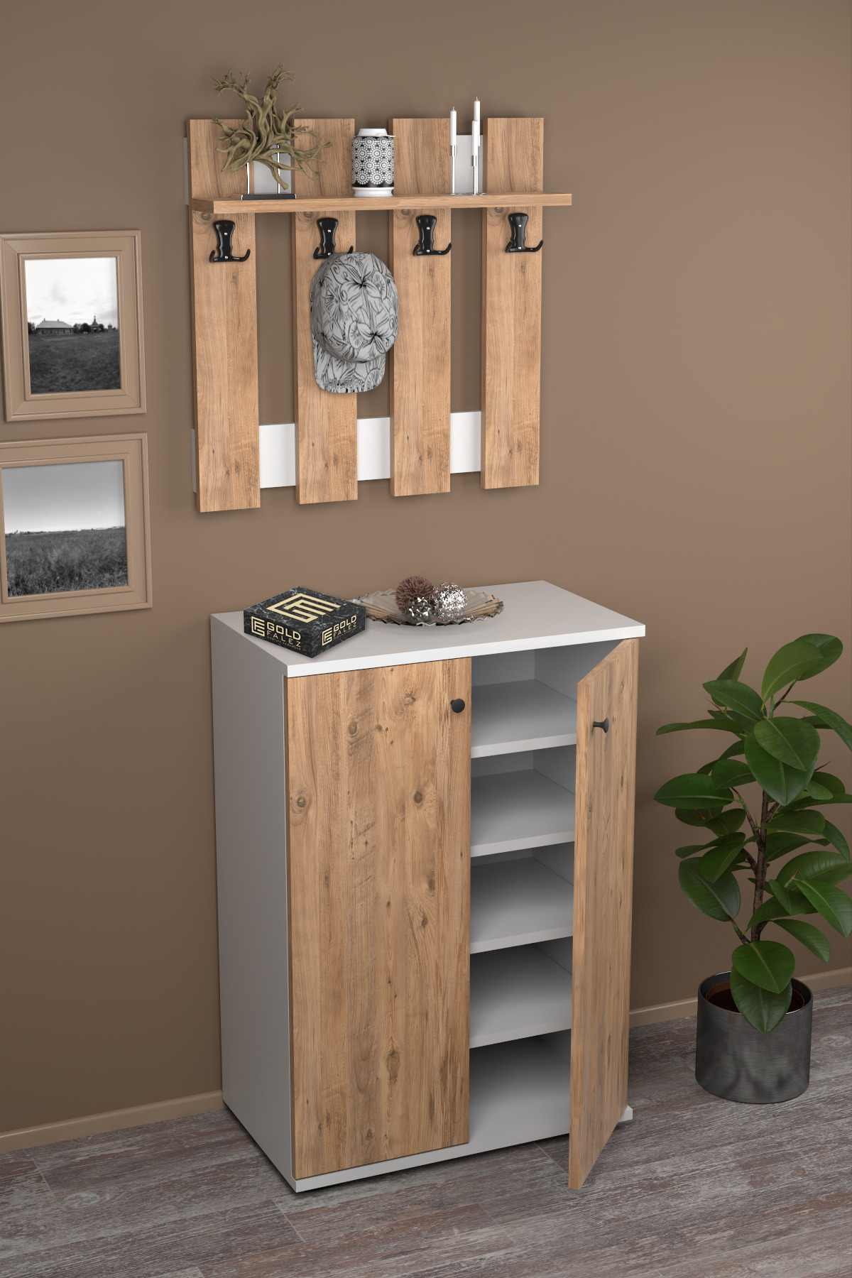 Portmanto Vestiyer 5 Raflı Ayakkabılık Ve Çit Duvar Askılık Set Çam-Beyaz