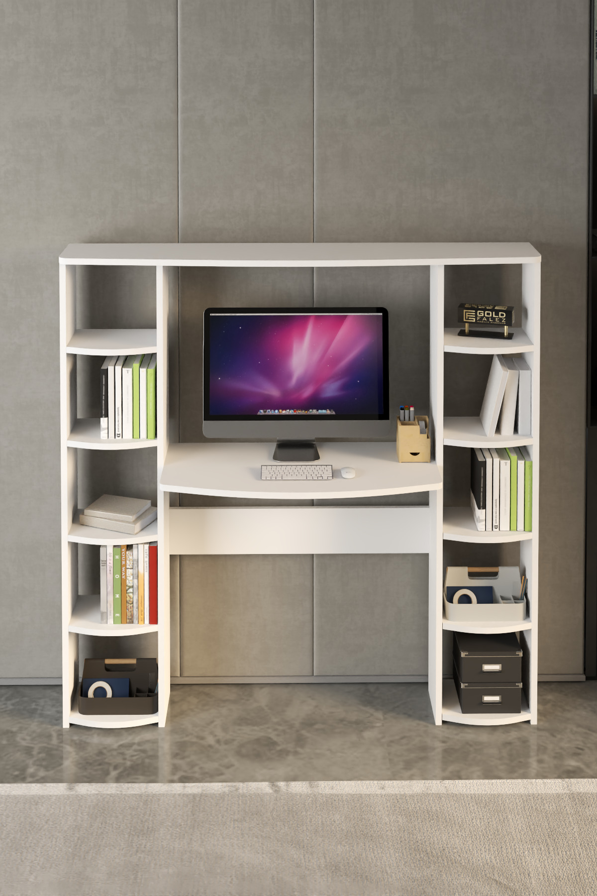 Çalışma Masası 10 Raflı Kitaplık Raf Beyaz