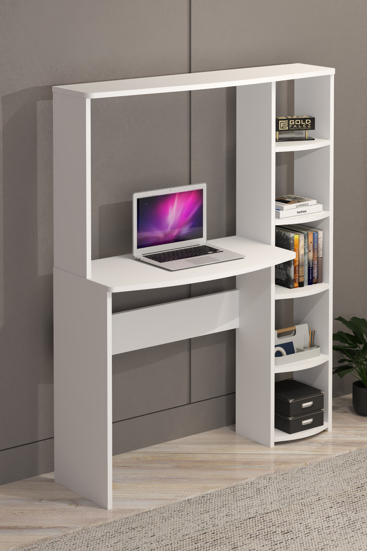 Çalışma Masası 5 Raflı Kitaplık Beyaz