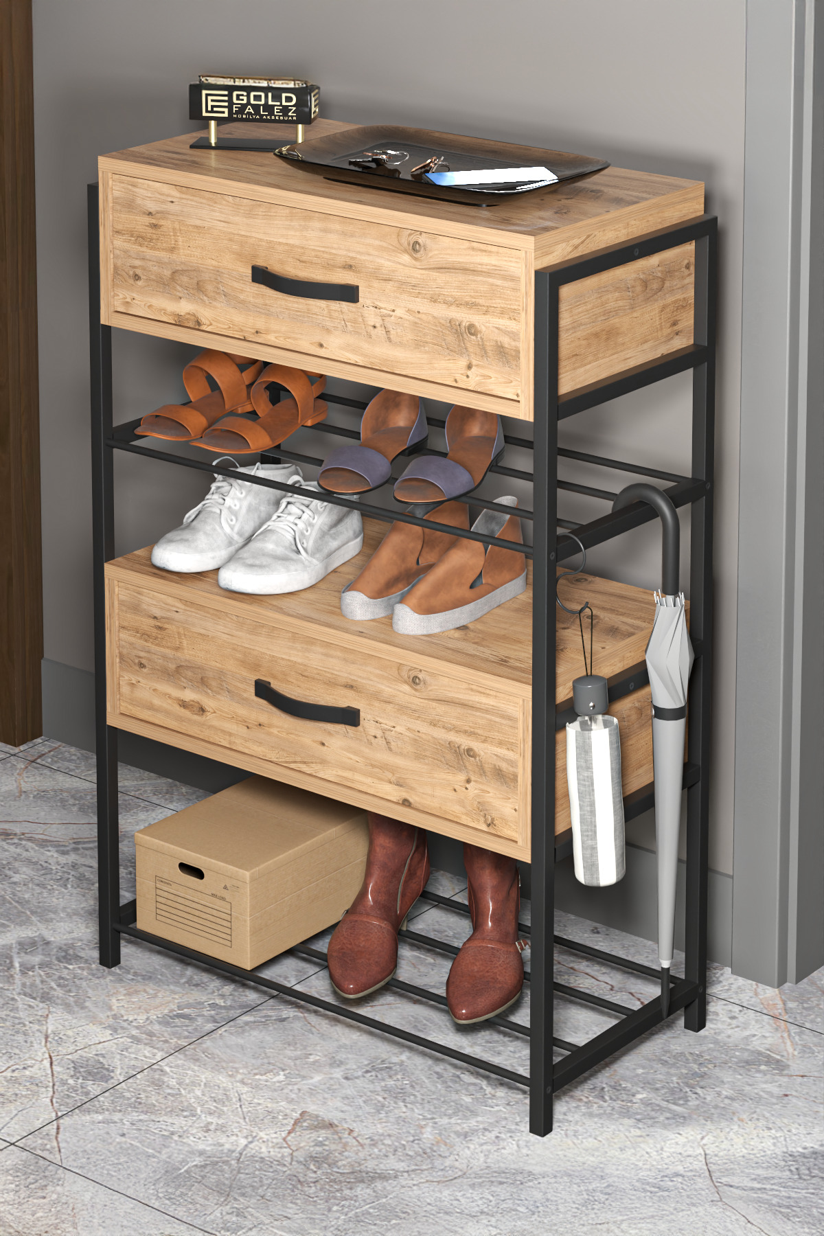 Ayakkabılık Ahşap 2 Kapaklı Metal Raflı 4 Katlı Çok Amaçlı Atlantik Çam
