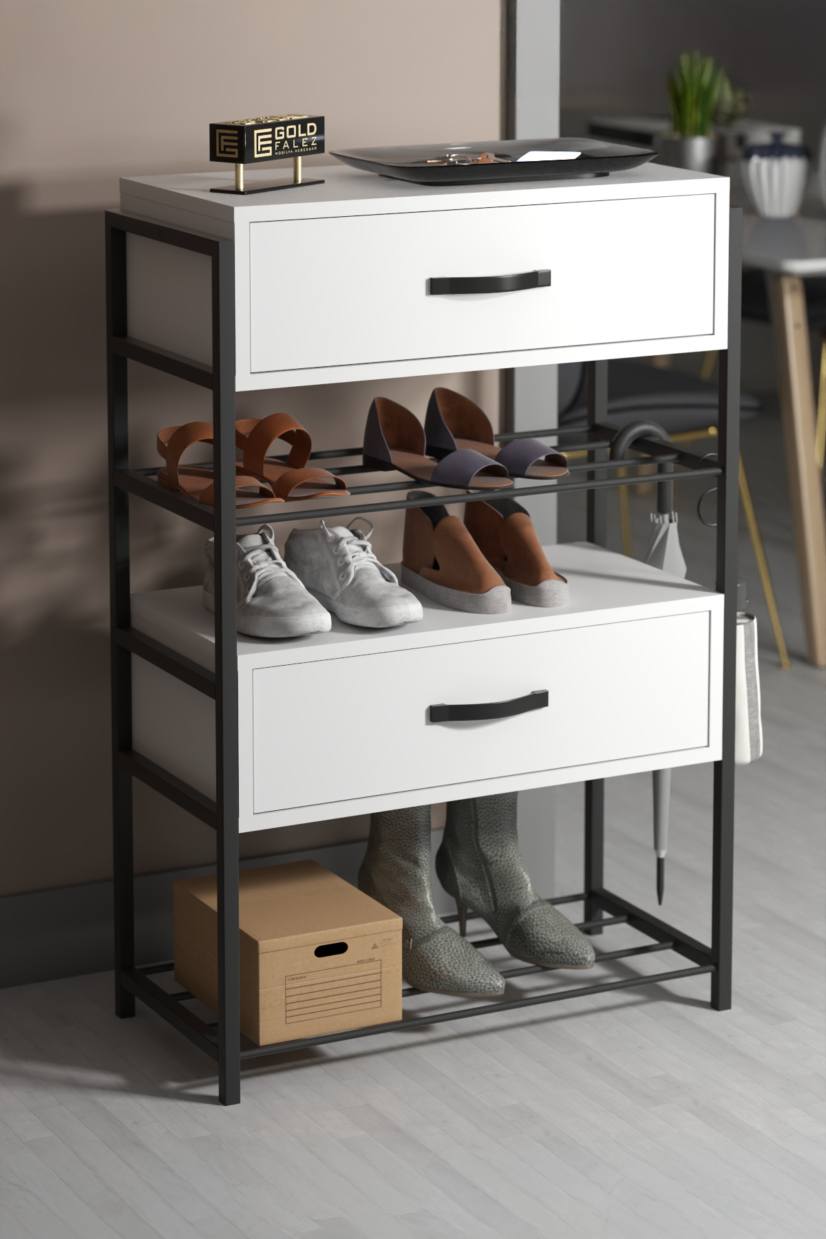 Ayakkabılık Ahşap 2 Kapaklı Metal Raflı 4 Katlı Çok Amaçlı Beyaz