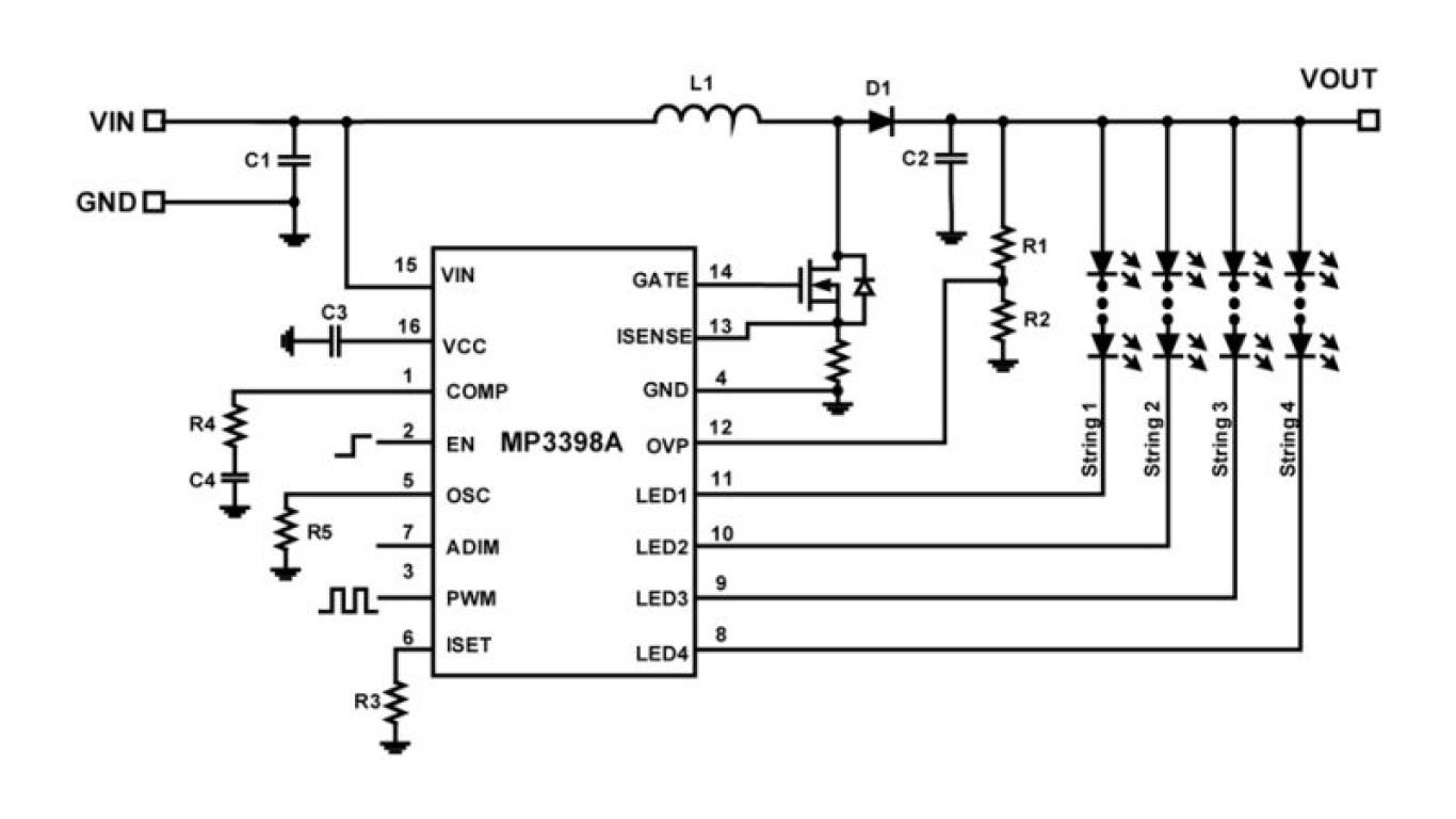 MP3398A, SOIC-16, V to 28V, 4-Channel, 350mA/ch WLED Boost Controller