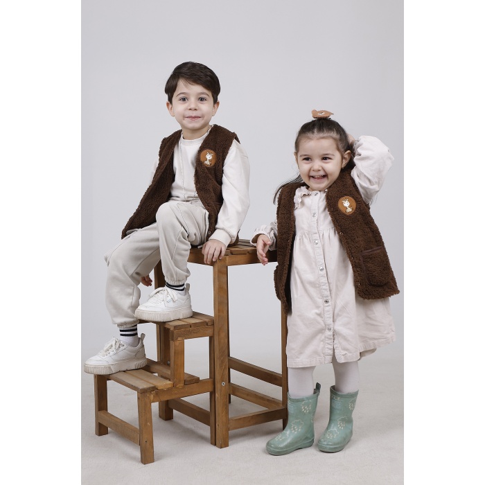 Nakışlı Peluş Polar Bebek Çocuk Yelek Wellsoft Yelek