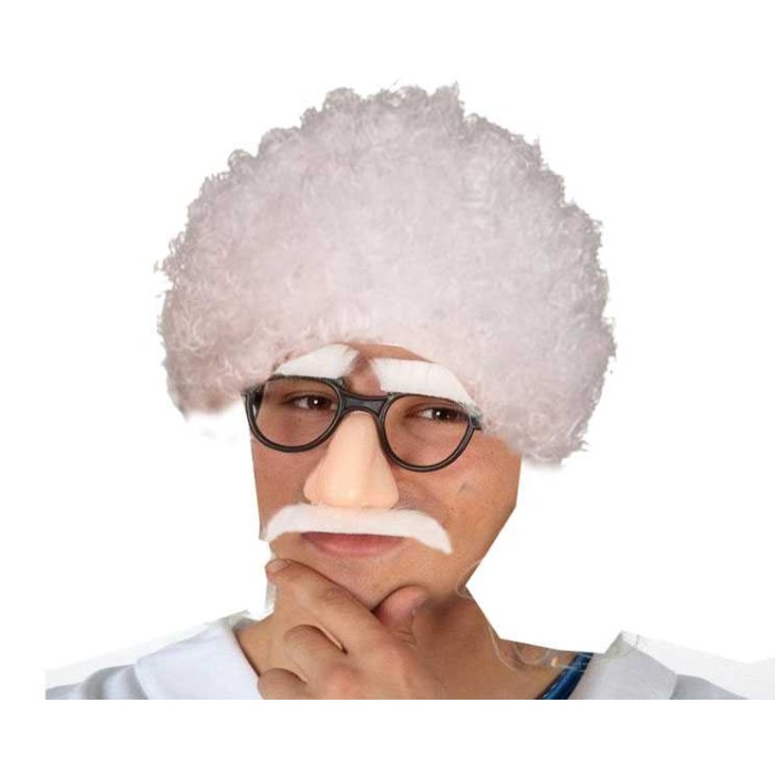 Çılgın Profesör Beyaz Renk Kıvırcık Afro Peruk Bıyık Ve Kaş Seti
