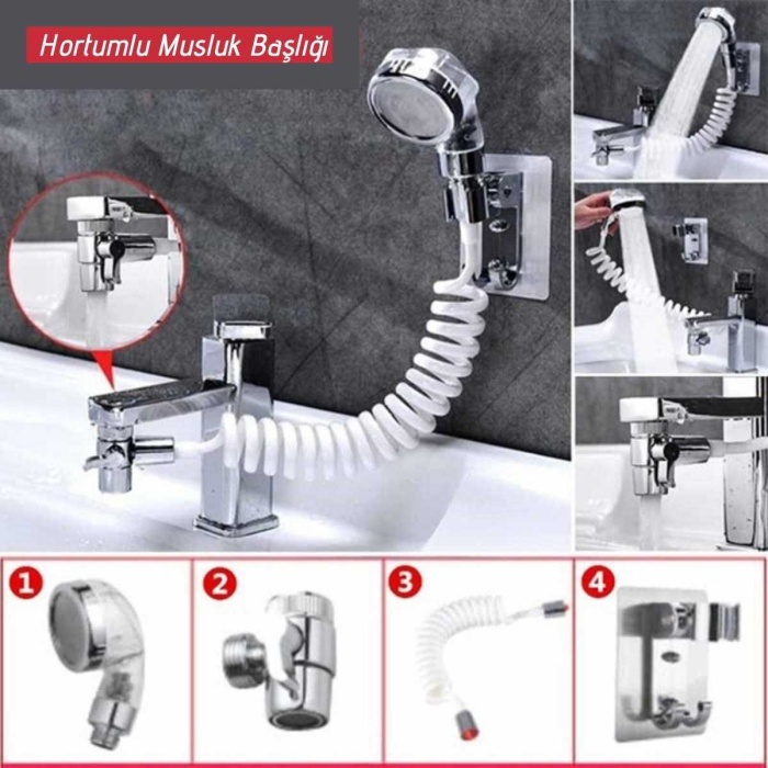 2 İn 1 Spiral Hortumlu Ayarlanabilir Hareketli Banyo Mutfak Lavabo Musluk Duş Başlığı