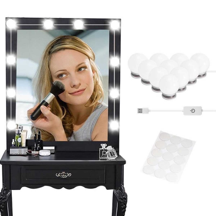 Nostalji Hollywood Tarzı 10lu Makyaj Masası Aynası Beyaz Led Işıklı Lamba Usb