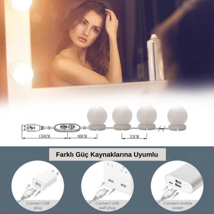 Nostalji Hollywood Tarzı 10lu Makyaj Masası Aynası Beyaz Led Işıklı Lamba Usb