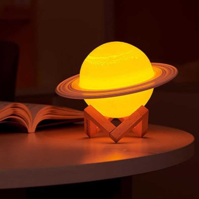 3d Print Satürn Dokunmatik Gezegen Ahşap Stantlı 3 Renk Usb Şarjlı Gece Lambası (kumandasız)