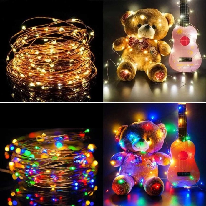 100 Ledli 10 Metre Buffer Pilli Renkli V Sarı Peri Led  Dekoratif Aydınlatma (8 Fonksiyonlu)