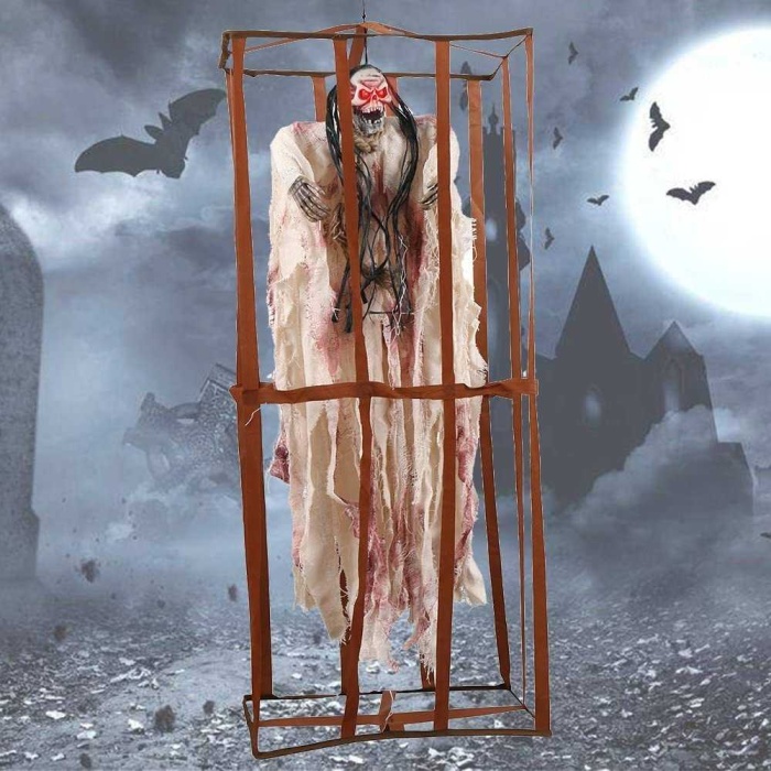 Ürpertici Scary Halloween Sesli Hareketli Sensörlü Beyaz Kuru Kafa Dekor 90 Cm