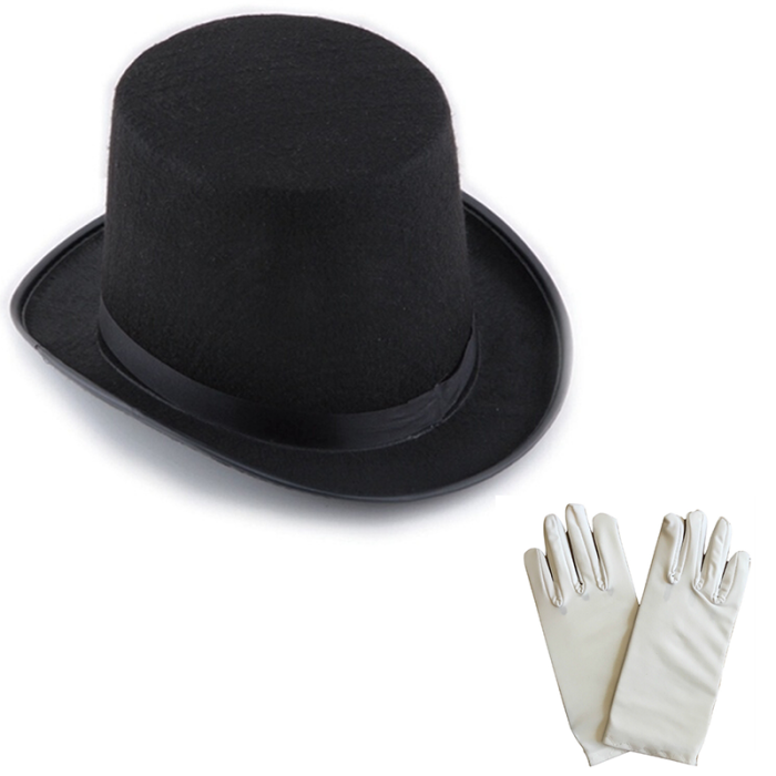 Siyah Sihirbaz Fötr Şapka - 1 Çift Beyaz Sihirbaz Eldiveni - Yetişkin Boy