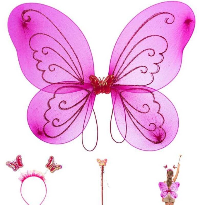 Çocuklar İçin Kelebek Kanadı Tacı Ve Asası Fuşya Renk 50 Cm