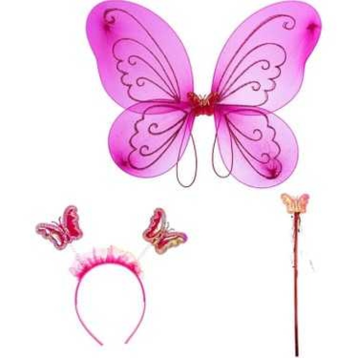Çocuklar İçin Kelebek Kanadı Tacı Ve Asası Fuşya Renk 50 Cm