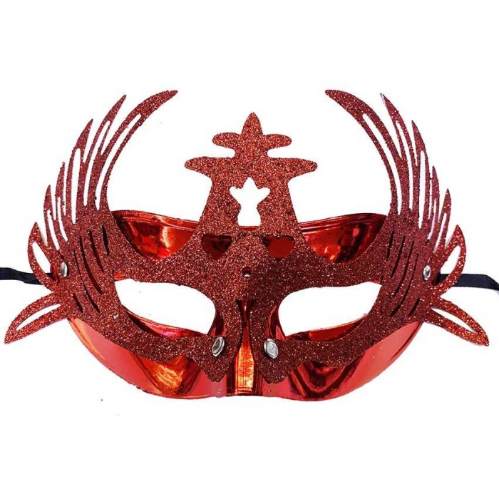 Metalize Kırmızı Renk Simli Geyik Balo Parti Maskesi 15x23 Cm