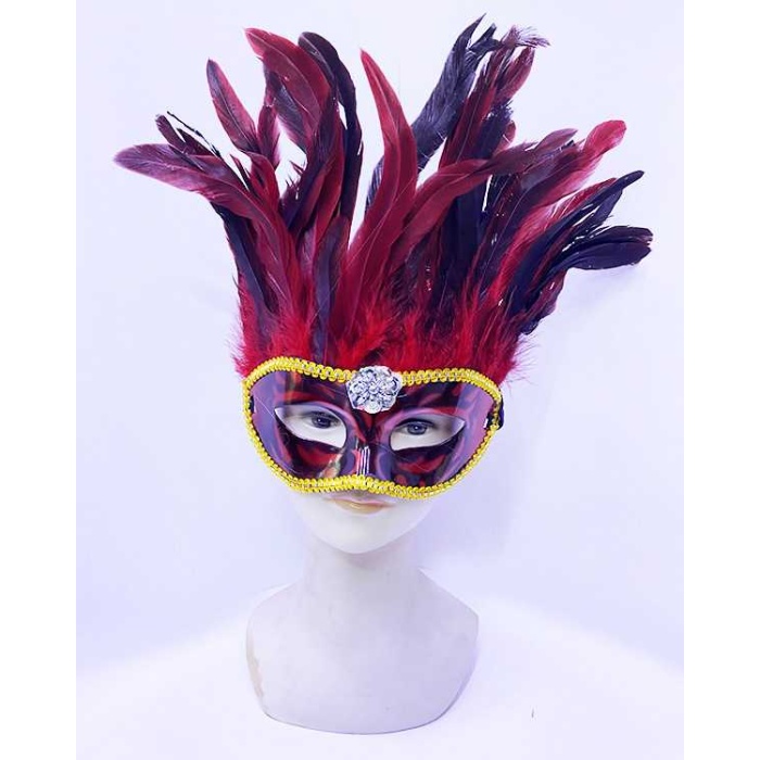 Kırmızı Renk Ekstra Bol Kuş Tüylü Venedik Maskesi 30x19 Cm