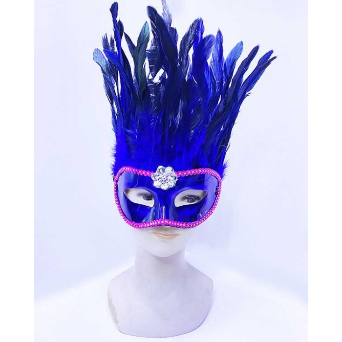 Mavi Renk Ekstra Bol Kuş Tüylü Pembe Dantelli Venedik Maskesi 30x19 Cm