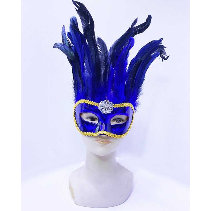 Mavi Renk Ekstra Bol Kuş Tüylü Sarı Dantelli Venedik Maskesi 30x19 Cm