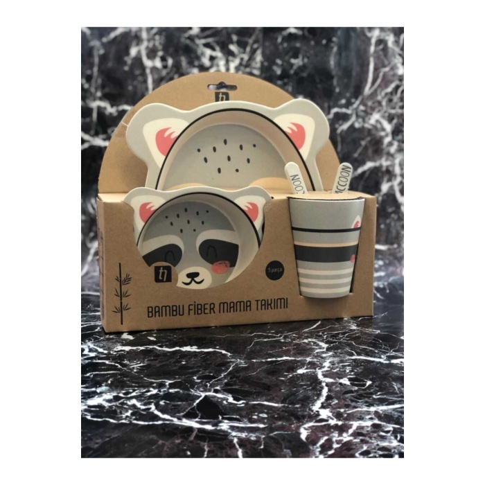 Bambu Fiber Tabldot Çocuk Yemek Tabldot Set 5 Parça - Bölmeli Bardak Çatal Kaşıklı