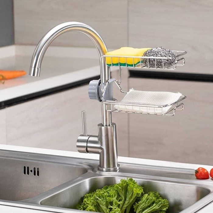 Paslanmaz Çelik İki Katlı Mutfak Ve Banyo Organizer Musluk Sabunluk Şampuanlık Rafı