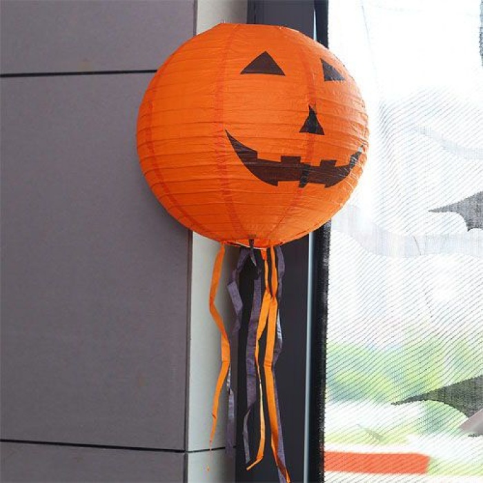 Balkabağı Kağıt Süs - Kabak Dekor Yuvarlak Fener Süs 25 Cm