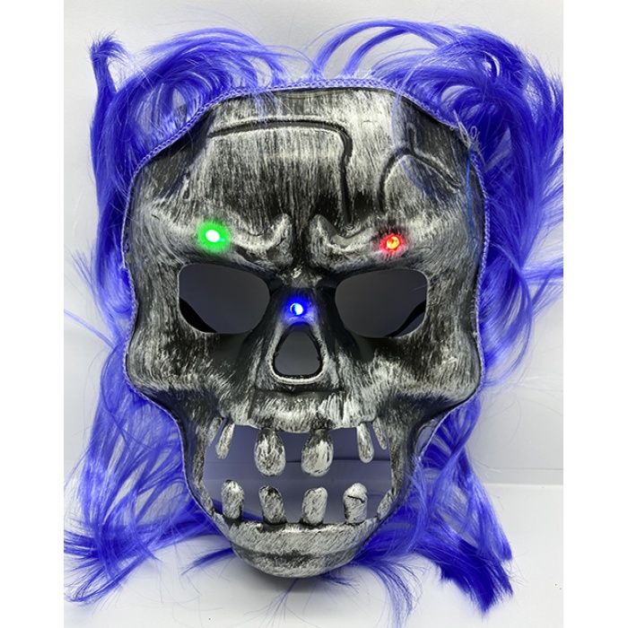 Mor Saçlı Led Işıklı Kuru Kafa İskelet Korku Maskesi 22x25 Cm