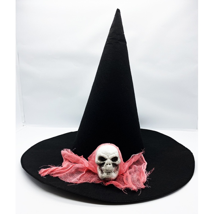 Siyah Renk Pembe Duvaklı Kuru Kafa Temalı Cadı Şapkası 35x38 Cm