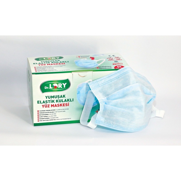 Dr. Lory Plus 3 Katlı Yumuşak Elastik Kulaklı Burun Telli Meltblown Maske 50li