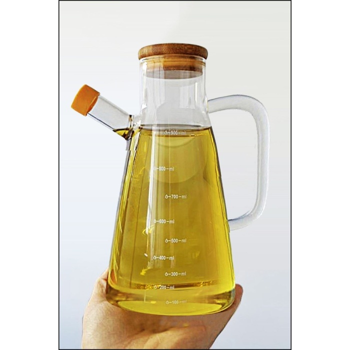 900 Ml Cam Yağdanlık -  Sirkelik - Bambu Kapak Isıya Dayanıklı Cam Yağ Şişesi