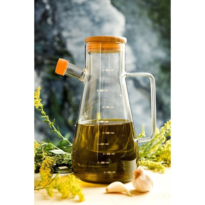 900 Ml Cam Yağdanlık -  Sirkelik - Bambu Kapak Isıya Dayanıklı Cam Yağ Şişesi