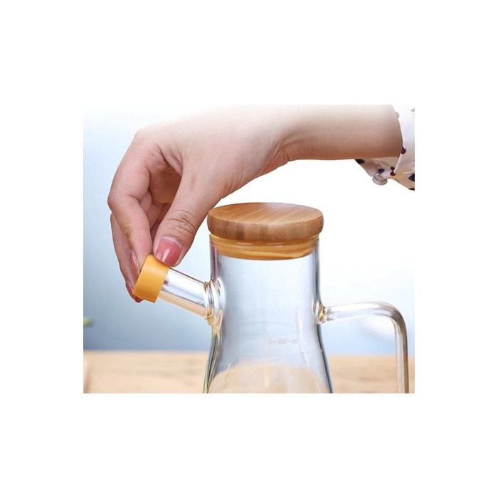 900 Ml Cam Yağdanlık -  Sirkelik - Bambu Kapak Isıya Dayanıklı Cam Yağ Şişesi