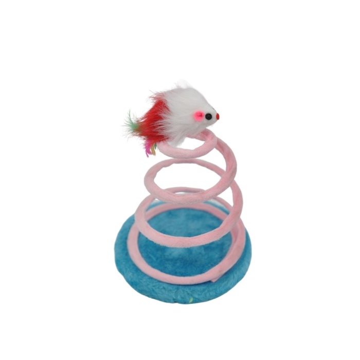 Ahşap Tabanlı Peluş Fareli Yaylı Spiral Kedi Oyuncağı