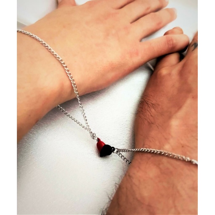 2Li Kırmızı-Siyah Mıknatıslı Kalp Çift Bilekliği - Sevgili- Arkadaş - BFF Bilekliği