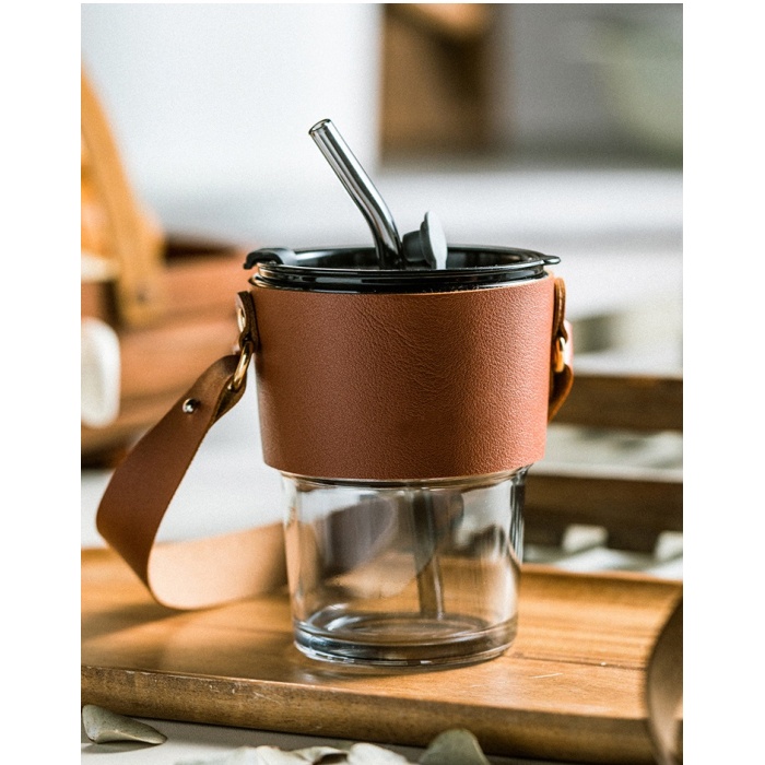 Dayanıklı Cam Bardak Retro Deri Kulplu Kahve Sunum Bardağı Şantung Model