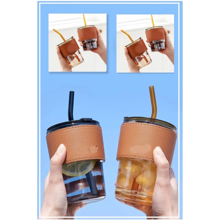 350 ML Pipetli Cam Bardak Retro Deri Şeritli İçecek Sunum Bardağı Sıcak-Soğuk Kullanım
