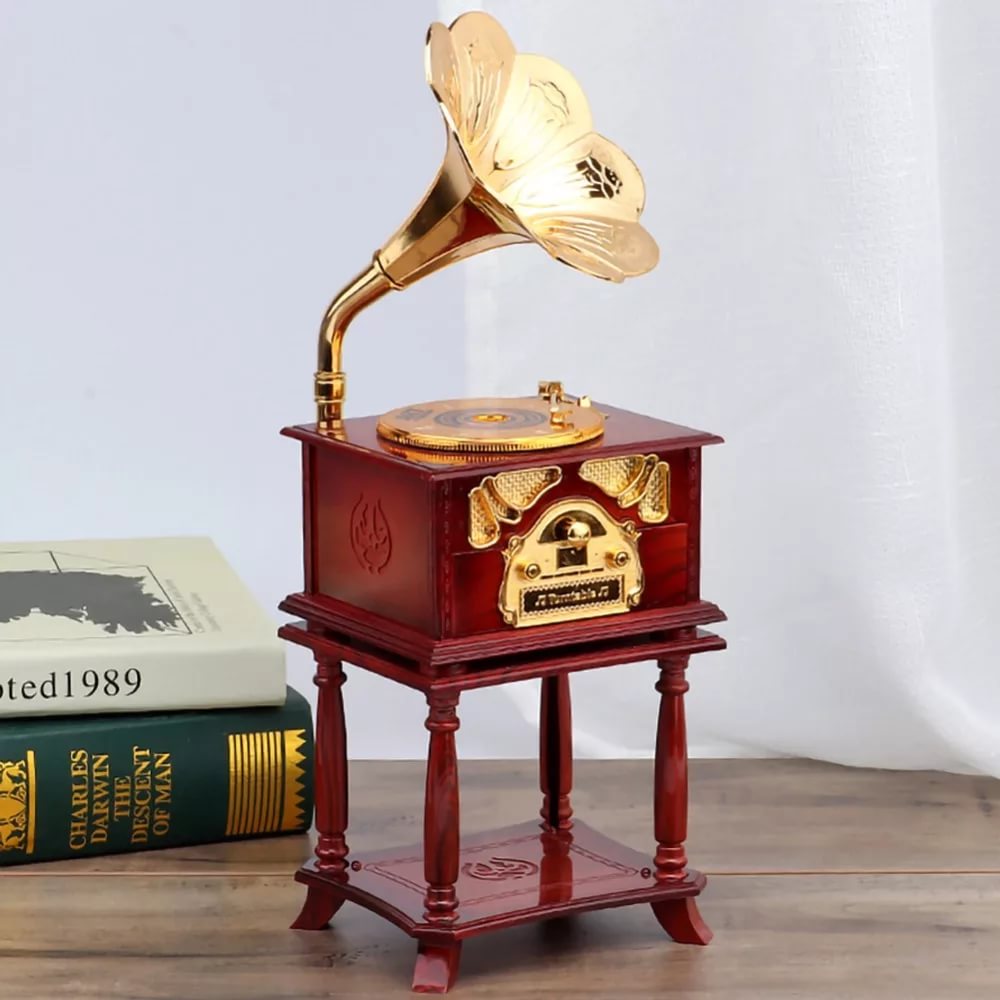 Nostaljik Sehpalı Ahşap Görünümlü Gramofon Müzik Kutusu