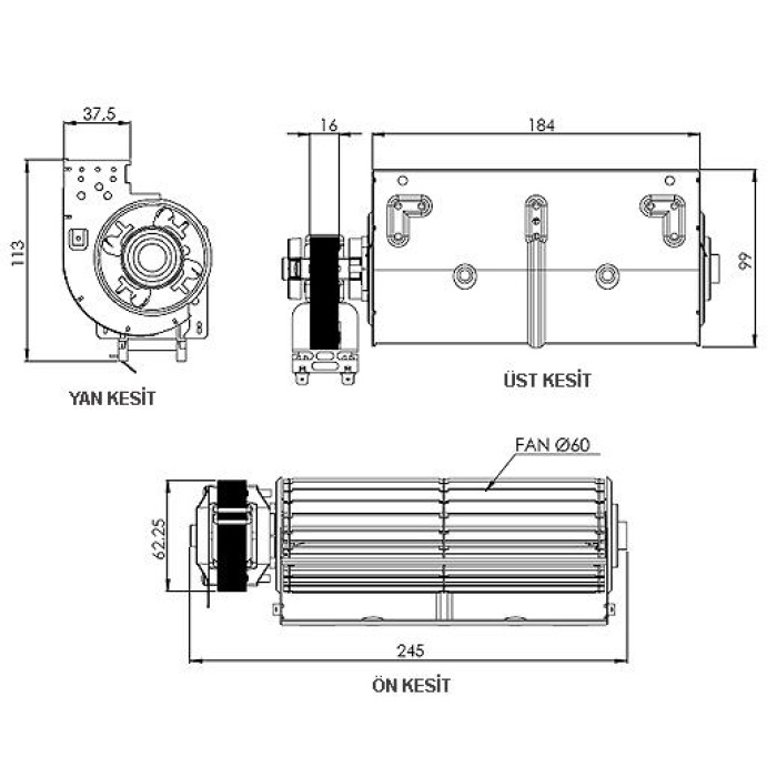 Radyan Fan Motoru 60X240 MM - Üniversal