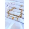316L Çelik Gold Renk 2li Zincir Model Kilit Kalp Model Zirkon Taş Detay Kadın Bileklik - BJ-BB5432