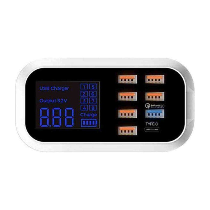 LCD Ekranlı 7 Port USB 1 Port Type+C Hızlı Şarj Ünitesi