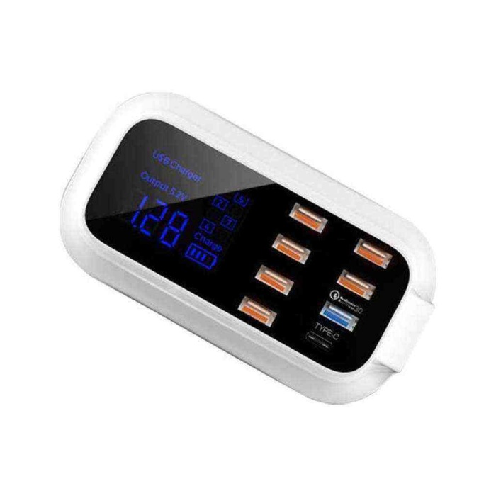 LCD Ekranlı 7 Port USB 1 Port Type+C Hızlı Şarj Ünitesi