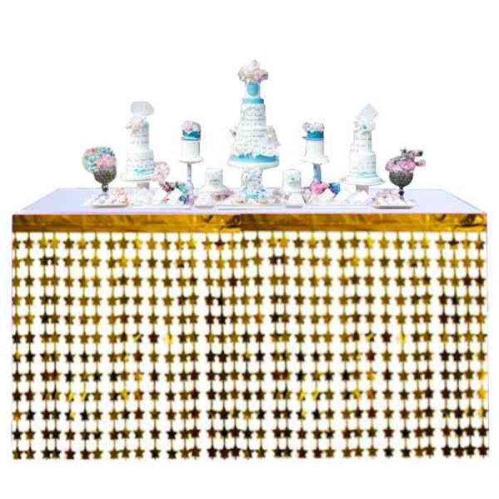 Püsküllü Işıltılı Metalize Altın Yıldızlı Masa Eteği 75x360 cm
