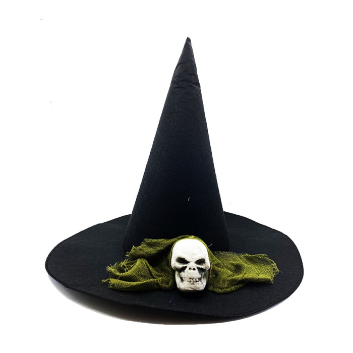 Siyah Renk Yeşil Duvaklı Kuru Kafa Temalı Cadı Şapkası 35x38 cm