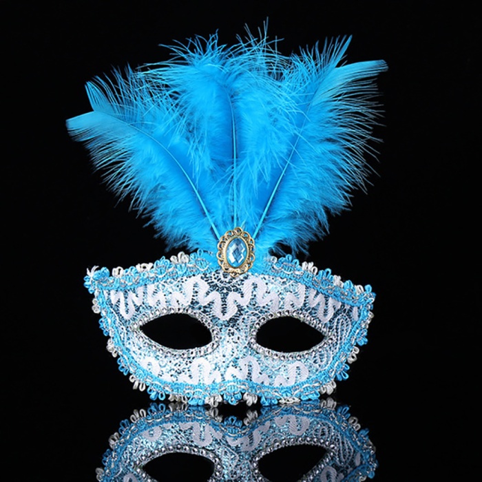 Mavi Dantel İşlemeli Mavi Tüylü Balo Parti Maskesi 17x20 cm