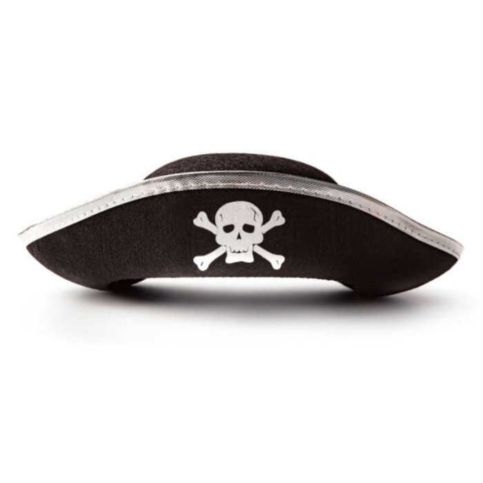 Gümüş Şeritli Siyah Renk Yayvan Korsan Şapkası Yetişkin 32x24 cm