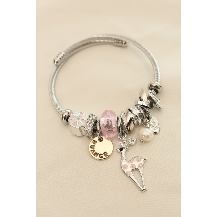 Geyik Figürlü Pembe Taşlı Charm Bilezik - BJ-BB4227