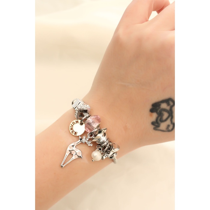 Geyik Figürlü Pembe Taşlı Charm Bilezik - BJ-BB4227