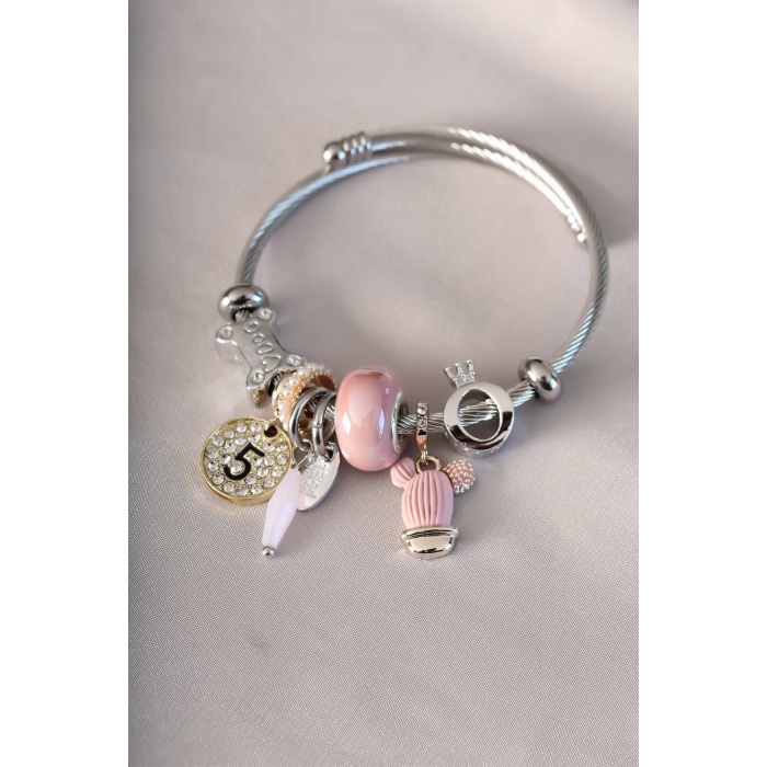 Pembe Renk Detaylı Kaktüs Figürlü Charm Bileklik - BJ-BB4339