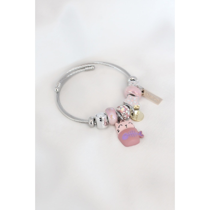 Pembe Kedi Figür Yıldız Detay Gümüş Renk Charm Çelik Kadın Bileklik - BJ-BB4482