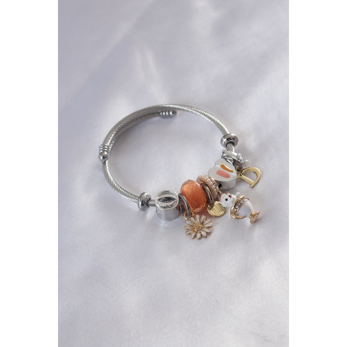 Çelik Charm Model Fincan Kedi Figür Çiçek Detay Zirkon Taşlı Kadın Bileklik - BJ-BB4780