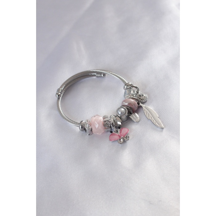 Çelik Charm Model Pembe Kelebek Figür Tüy Detay Zirkon Taşlı Kadın Bileklik - BJ-BB4781