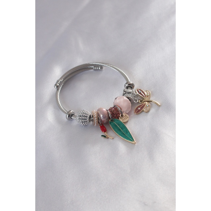 Çelik Charm Model Kelebek Figür Yaprak Detay Pembe Renk Kadın Bileklik - BJ-BB4794